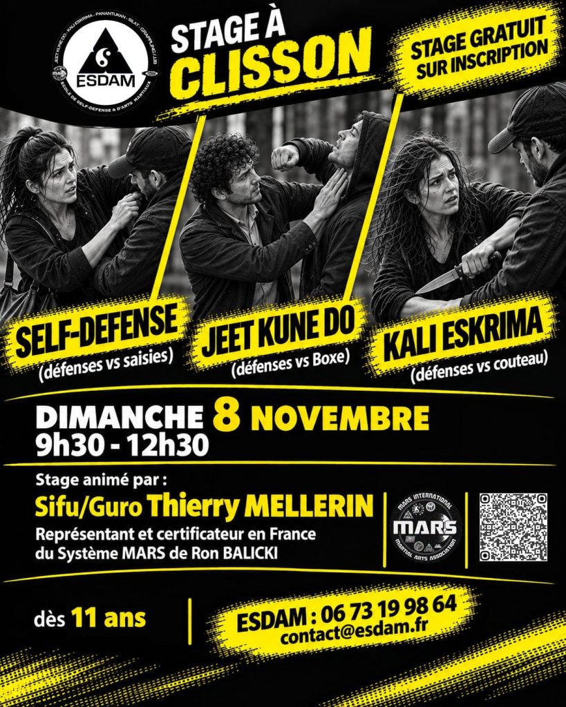 Affiche du stage d'arts martiaux ESDAM à Clisson — Self-Défense, Jeet Kune Do, Kali Eskrima — dimanche 8 novembre 2026 de 9h30 à 12h30