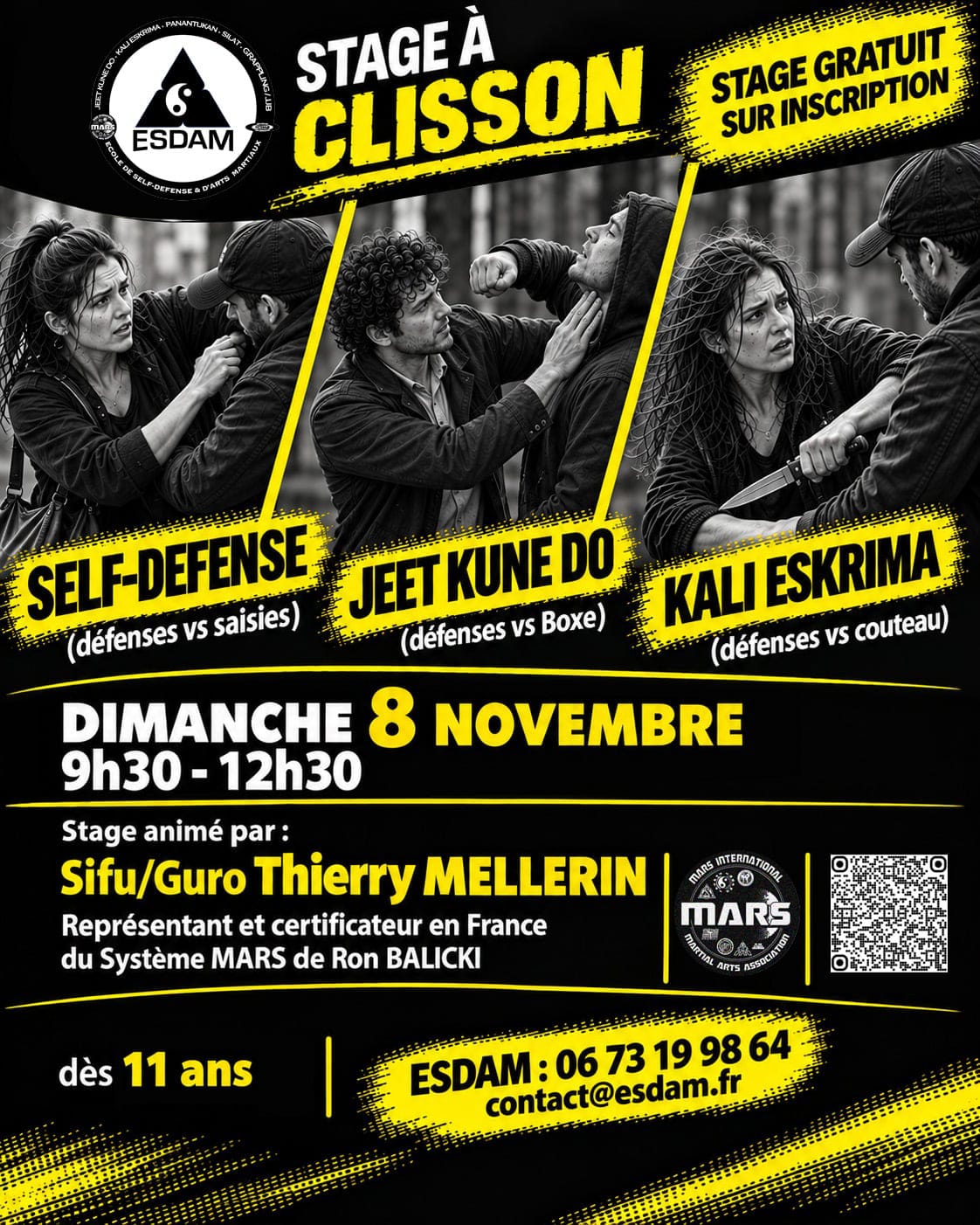 Affiche du stage d'arts martiaux ESDAM à Clisson — Self-Défense, Jeet Kune Do, Kali Eskrima — dimanche 8 novembre 2026 de 9h30 à 12h30